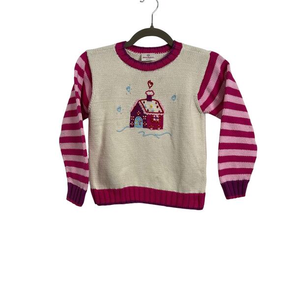 Hanna Andersson Other - Hanna Andersson Gingerbread House Knit Sweater Stripe Sleeves Girl's Size 130